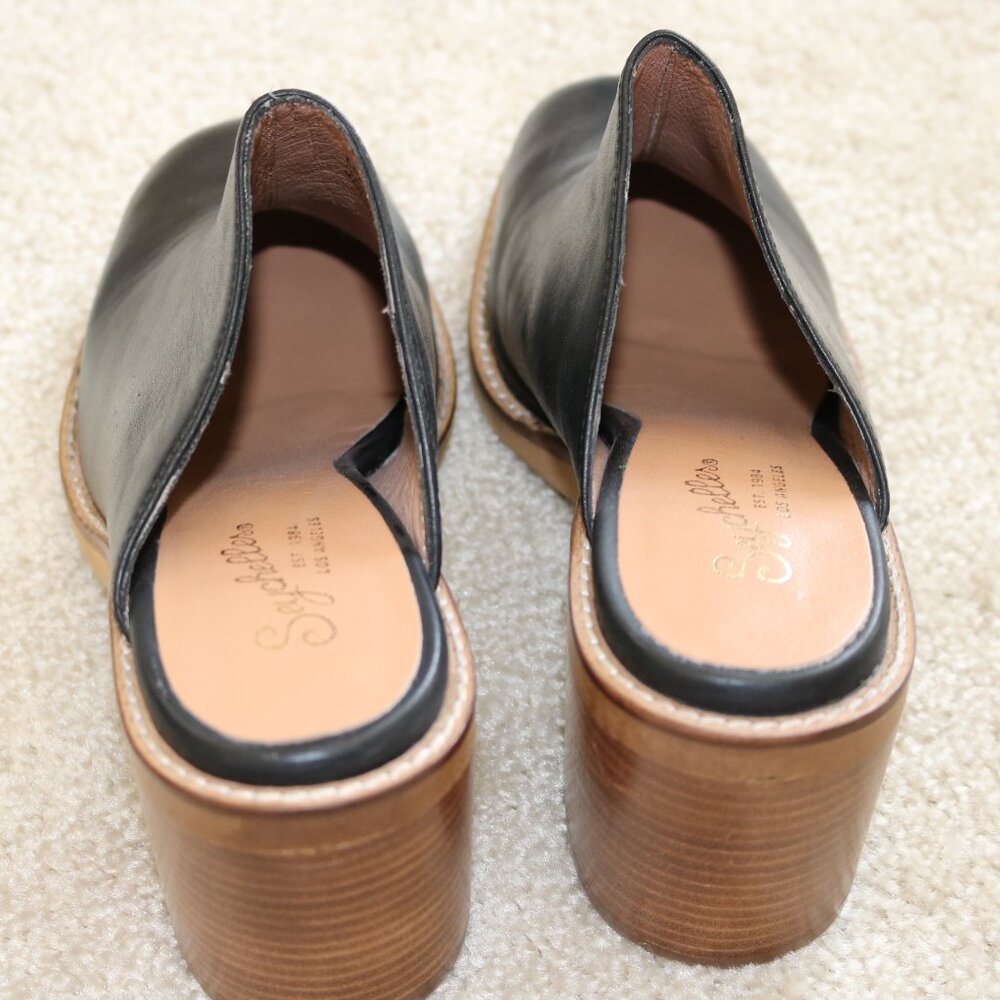 Seychelles Black Leather Clog Mules with Brown Wood Heel - Picture 3 of 4